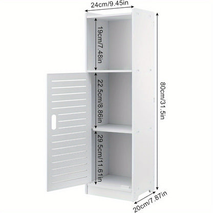 Bathroom Storage Cabinet | White Wood-Plastic Freestanding Organizer | 3-Tier with Slatted Doors & Open Shelf | Space-Saving Design for Bathroom, Kitchen, Bedroom | Modern Minimalist Style, Versatile Cabinet | Slatted Door Design | Woodplastic Material, B