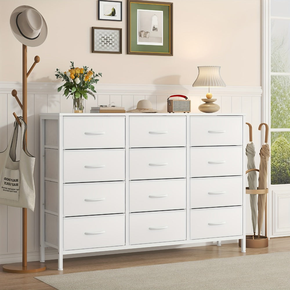12 Drawer Chest of Drawers Fabric with Wooden Frame & Gold Handles – Tall Storage Unit for Bedroom Living Room Hallway Deep Grey Beige