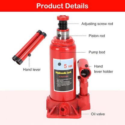 Bottle Hydraulic Jack 5Ton Portable Compact Car Lifter Heavy Hydraulic Lifting Equipment Car Jack Used for Repair and Replacement Compact Low Chassis Car Saloon On Road or in Garage