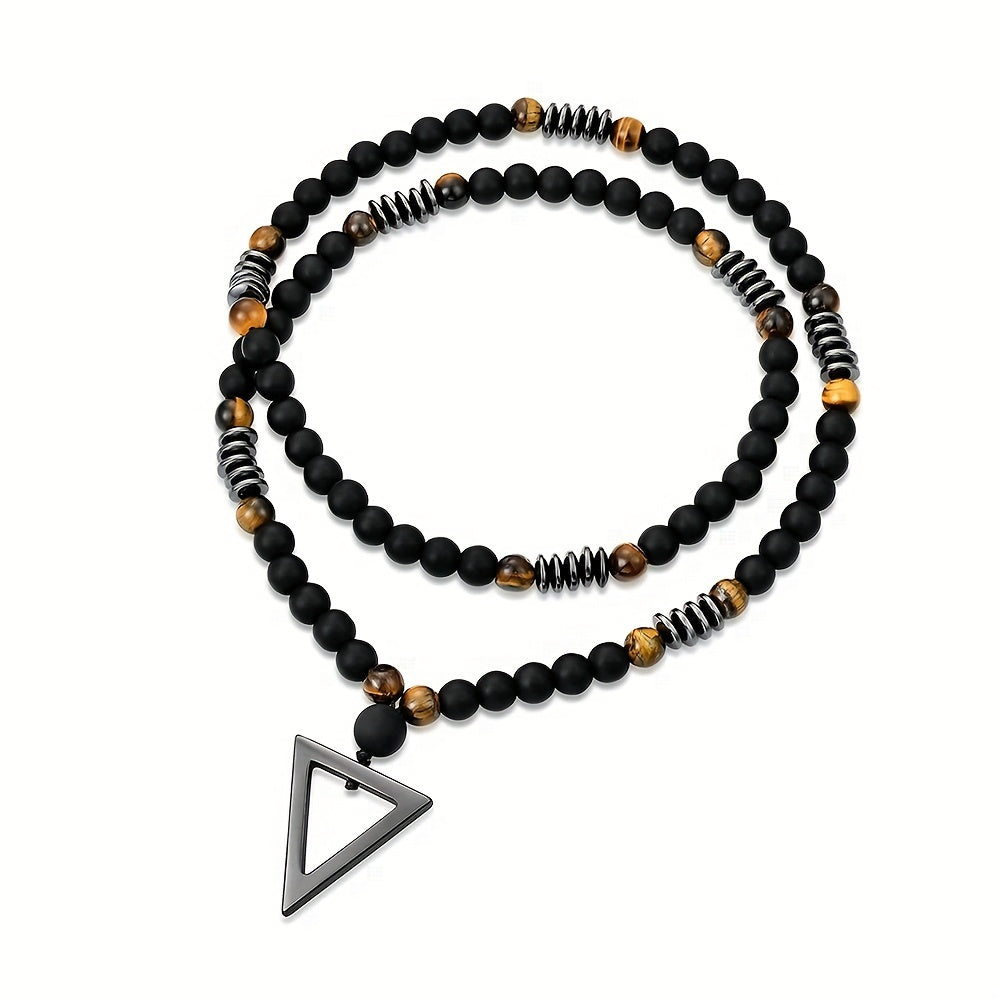 1pc Fashionable Retro Jewelry Yellow Tiger Eye Black Agate with Hematite Stone Triangle Pendant for Men'S Original Stone Necklace for Daily Wear