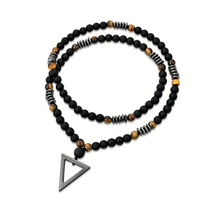 1pc Fashionable Retro Jewelry Yellow Tiger Eye Black Agate with Hematite Stone Triangle Pendant for Men'S Original Stone Necklace for Daily Wear