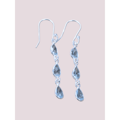 925 Sterling Silver Natural Gemstone 3 stone long Earring, Bezel Set Birthstone Ring, Perfect gift