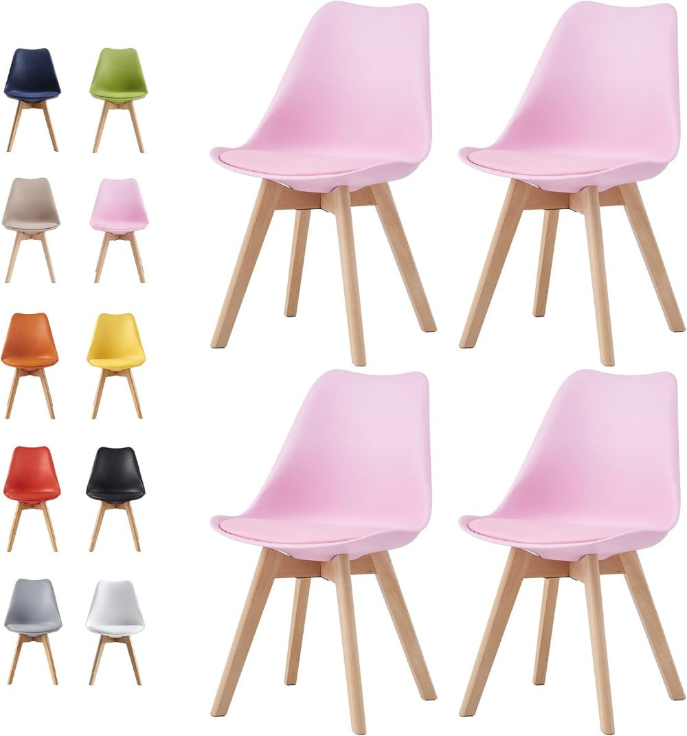 Set of 4 Dining Chairs with Wooden Legs & Cushion Pad - Retro Mid-Century Faux Leather Seat, 120kg Capacity, 7 Colours, UK Stock