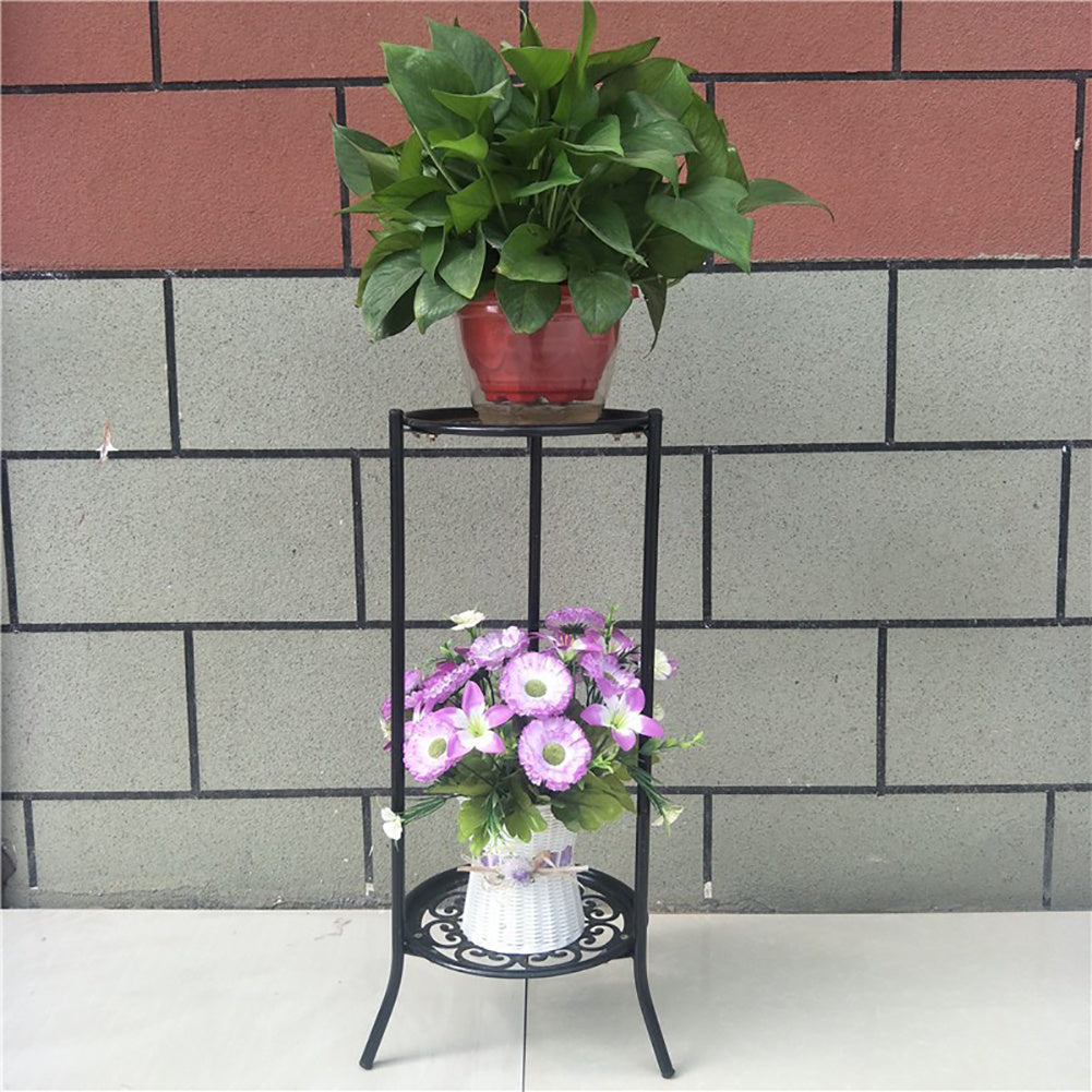 1PC Black Balcony Flowerpot Rack, 2-story Metal Plant Display Rack, Circular Display Base for Office and Living Room, Size 23*23*56cm