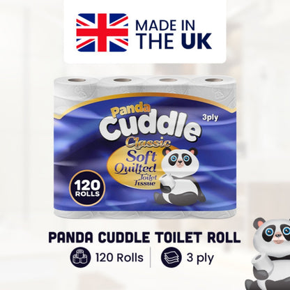 Panda Cuddle 3-Ply Quilted Toilet Paper 120 Rolls – Ultra Soft Hypoallergenic Bulk Loo Rolls, 134 Sheets Per Roll, Septic-Safe Unscented Bathroom Tissue for Home & Office
