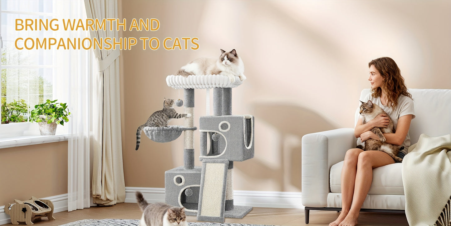 98cm Cat Tree, Cat Tower for Indoor Cats, Multi-Level Cats House Furniture with Scratching Post, 2 Caves, Large Platform, Scratching Ramp, Pompom, Light Grey