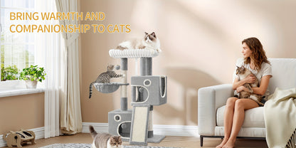98cm Cat Tree, Cat Tower for Indoor Cats, Multi-Level Cats House Furniture with Scratching Post, 2 Caves, Large Platform, Scratching Ramp, Pompom, Light Grey