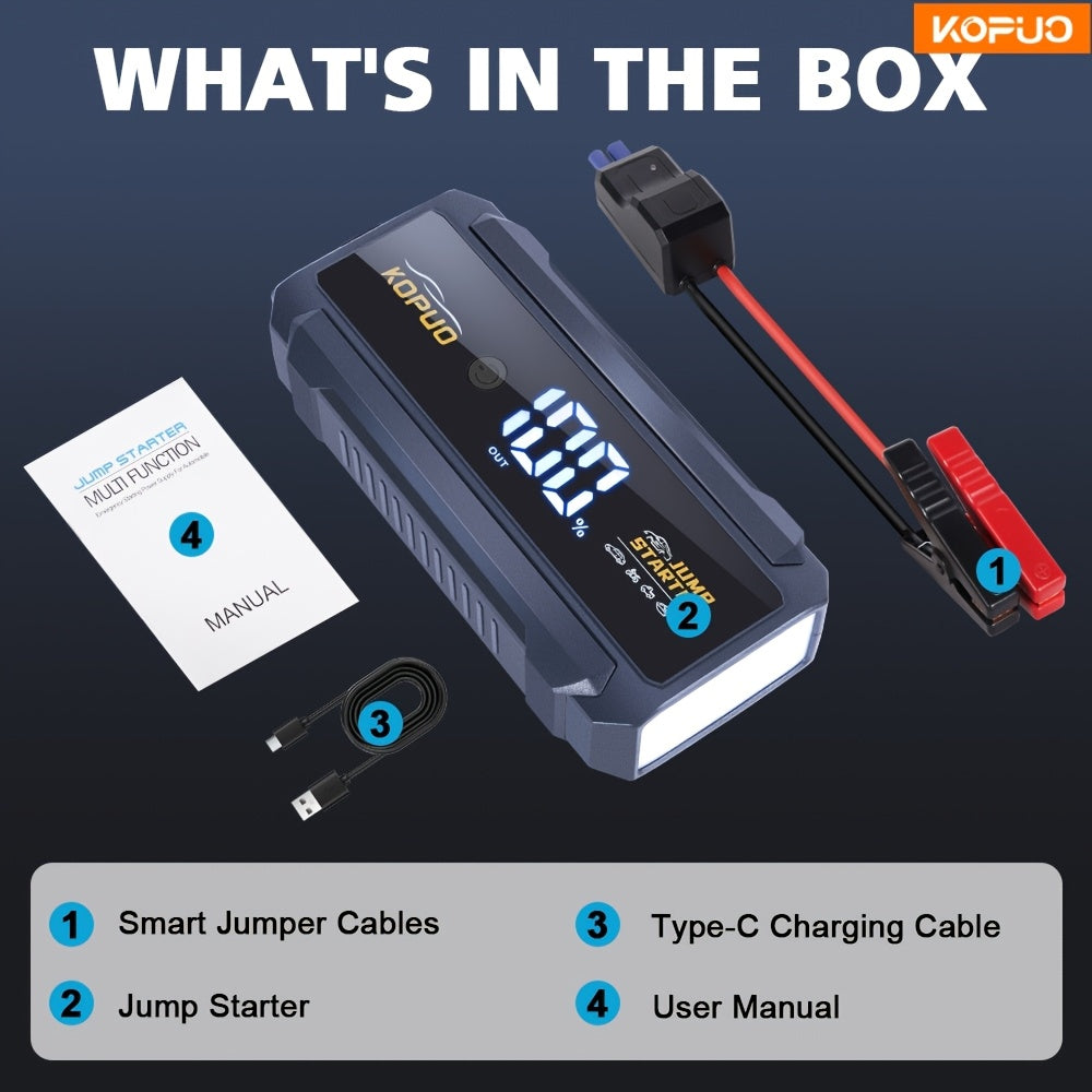 KOPUO 5000A Peak Portable Car Jump Starter for 12V Battery Booster - Smart Jumper Cables with Display, Dual USB Charging, Bright LED Light | Fits 8L Gasoline And 6L Diesel Engines, Compact Reliable Emergency Power, Essential for Emergency Vehicles!