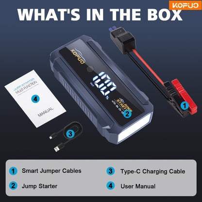 KOPUO 5000A Peak Portable Car Jump Starter for 12V Battery Booster - Smart Jumper Cables with Display, Dual USB Charging, Bright LED Light | Fits 8L Gasoline And 6L Diesel Engines, Compact Reliable Emergency Power, Essential for Emergency Vehicles!