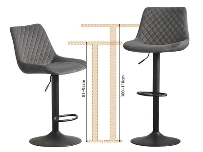 Height Adjustable Bar Stools Set Of 1 Or 2 Velvet Exterior Breakfast Barstools with Black Paint Steel Gas Lift And Footrest for Home Kitchen, Pub, Island Counter