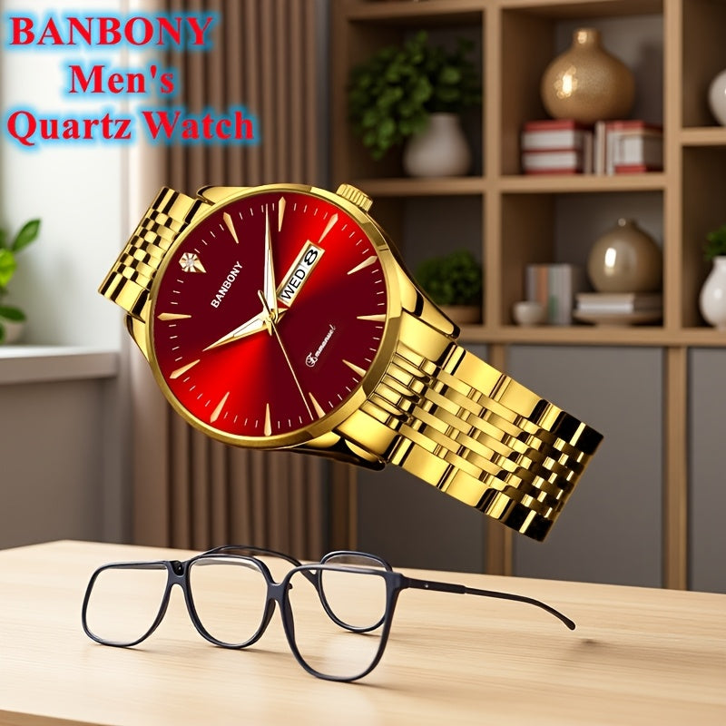 New Banbony Unisex Stainless Steel Quartz Watch with Rhinestone Accents, Water-Resistant IPX7, Sleek HD Dial, Date Display, Golden-Tone Finish - Ideal for Casual Wear, Parties, and Gifts