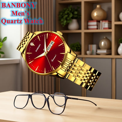 New Banbony Unisex Stainless Steel Quartz Watch with Rhinestone Accents, Water-Resistant IPX7, Sleek HD Dial, Date Display, Golden-Tone Finish - Ideal for Casual Wear, Parties, and Gifts