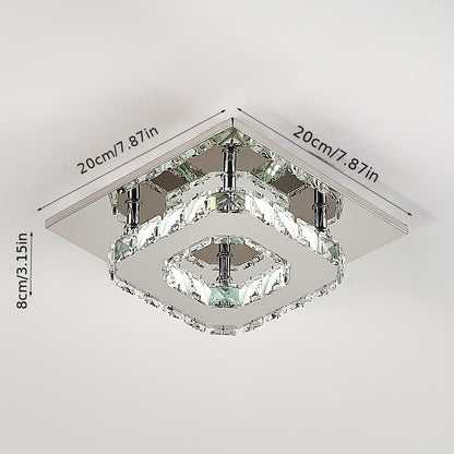 Contemporary Mini Crystal Chandelier, Square Single-layer LED Crystal Ceiling Light, Plain Crystal Ceiling Lighting Chrome Crystal Pendant, 12W 6000K Cold White Light, for Living Room Kitchen Office Bedroom Dining Room Island, 21*21cm/ 8.27*8.27inch.
