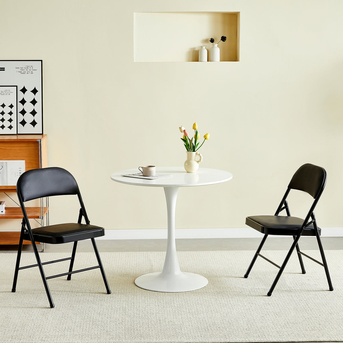 Chair with Foldable, Leather, 2 Chair, Faux Leather Folding Chairs Padded Seats - Black option