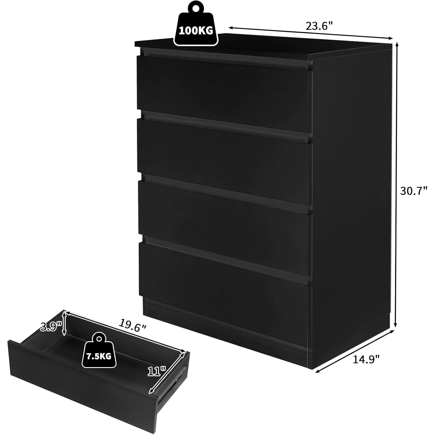 Chest of Drawers with 7.5kg, Wood, 4-Drawer Slim No-Handle Bedroom Dresser - product gallery image 3