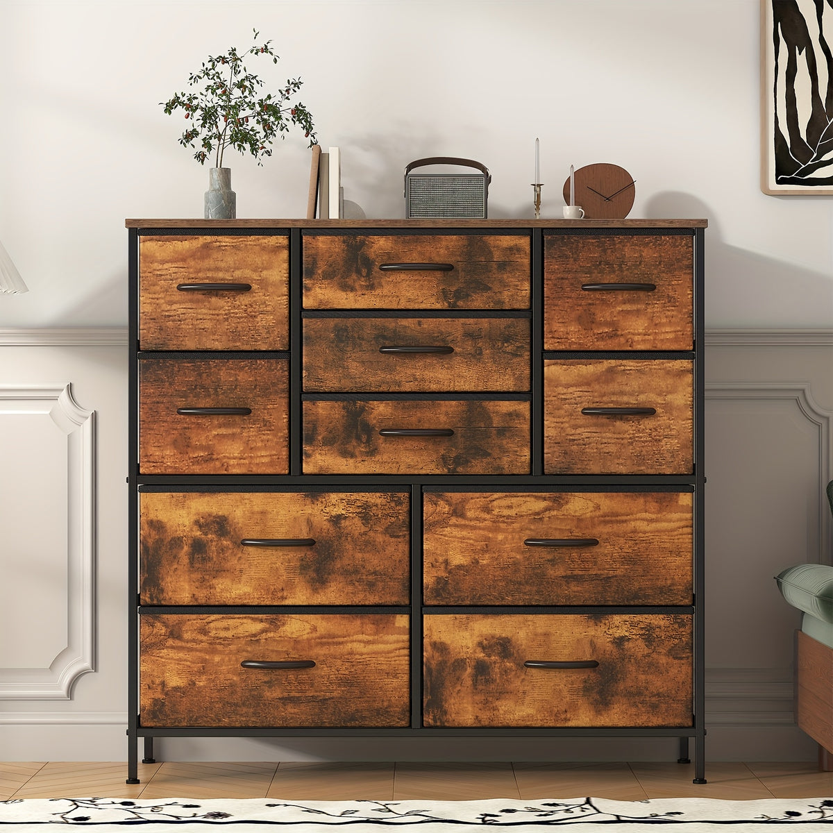 Chest of Drawers with Easy Assembly, 68cm, Metal, 11 Drawers - Rustic Brown, 11 Drawers option