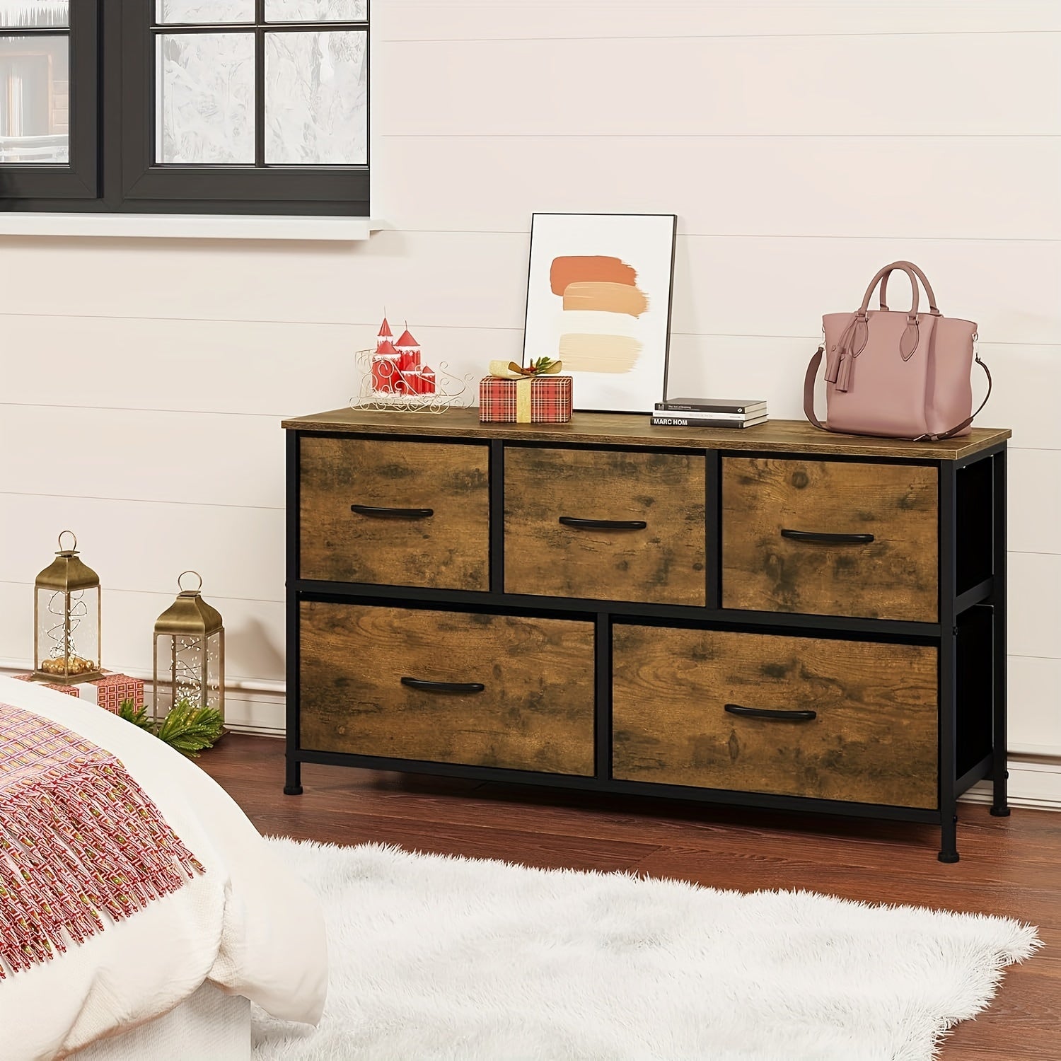 Chest of Drawers with Metal, 5-Drawer Fabric Metal Frame Vintage Wood - product gallery image 3