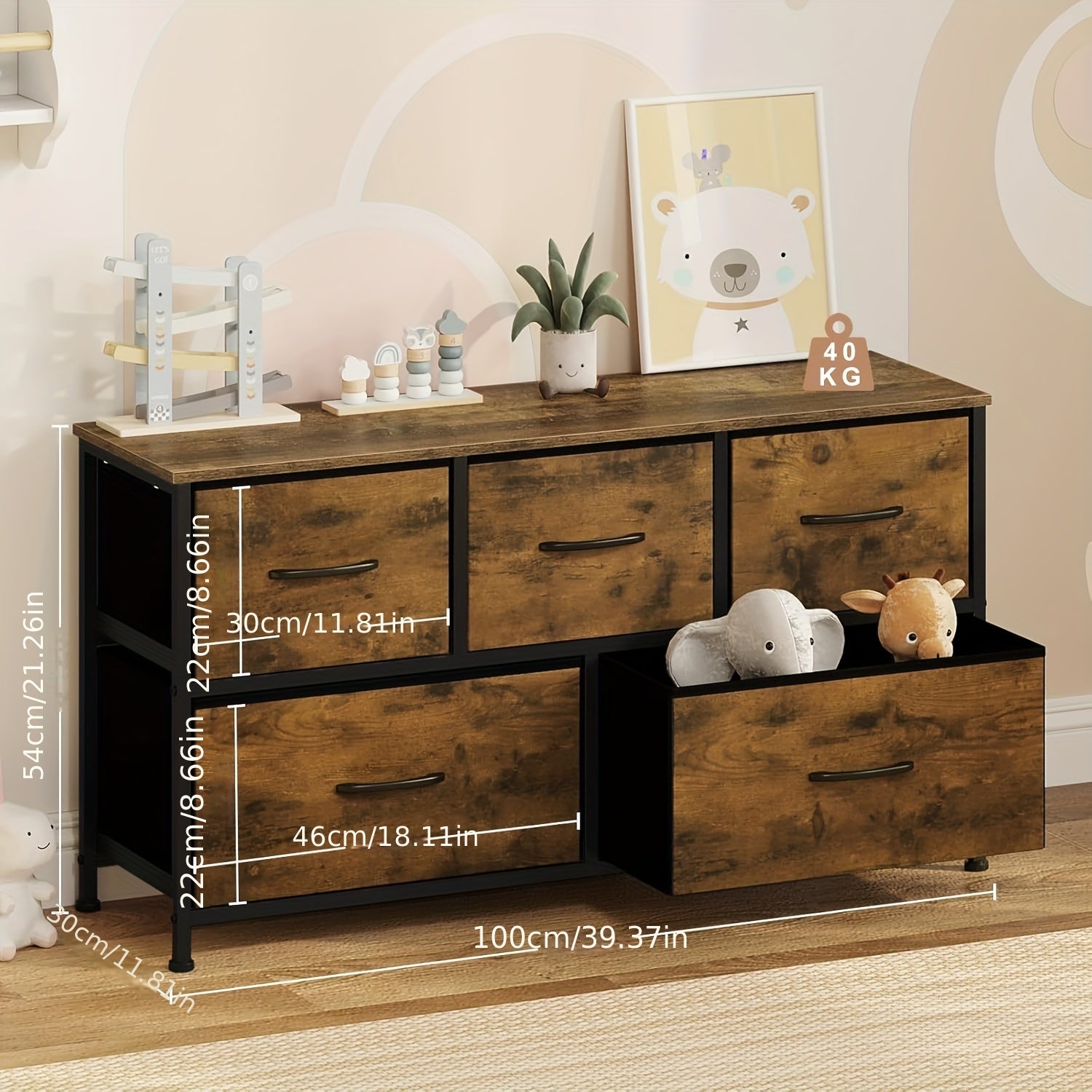 Chest of Drawers with Metal, 5-Drawer Fabric Metal Frame Vintage Wood - product gallery image 4