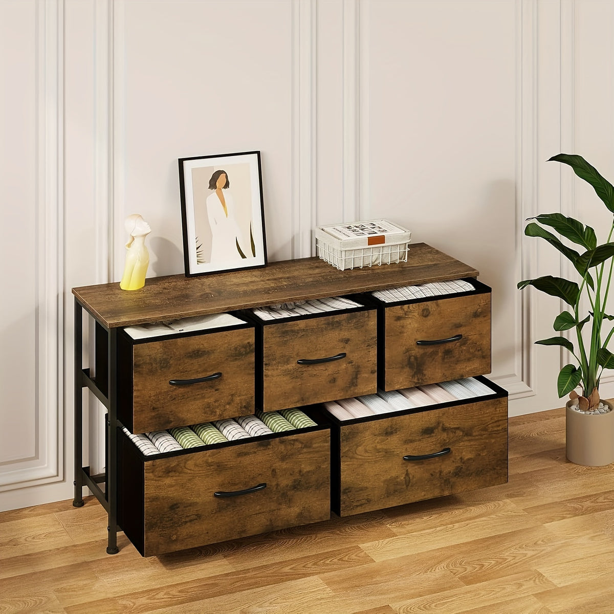 Chest of Drawers with Metal, 5-Drawer Fabric Metal Frame Vintage Wood