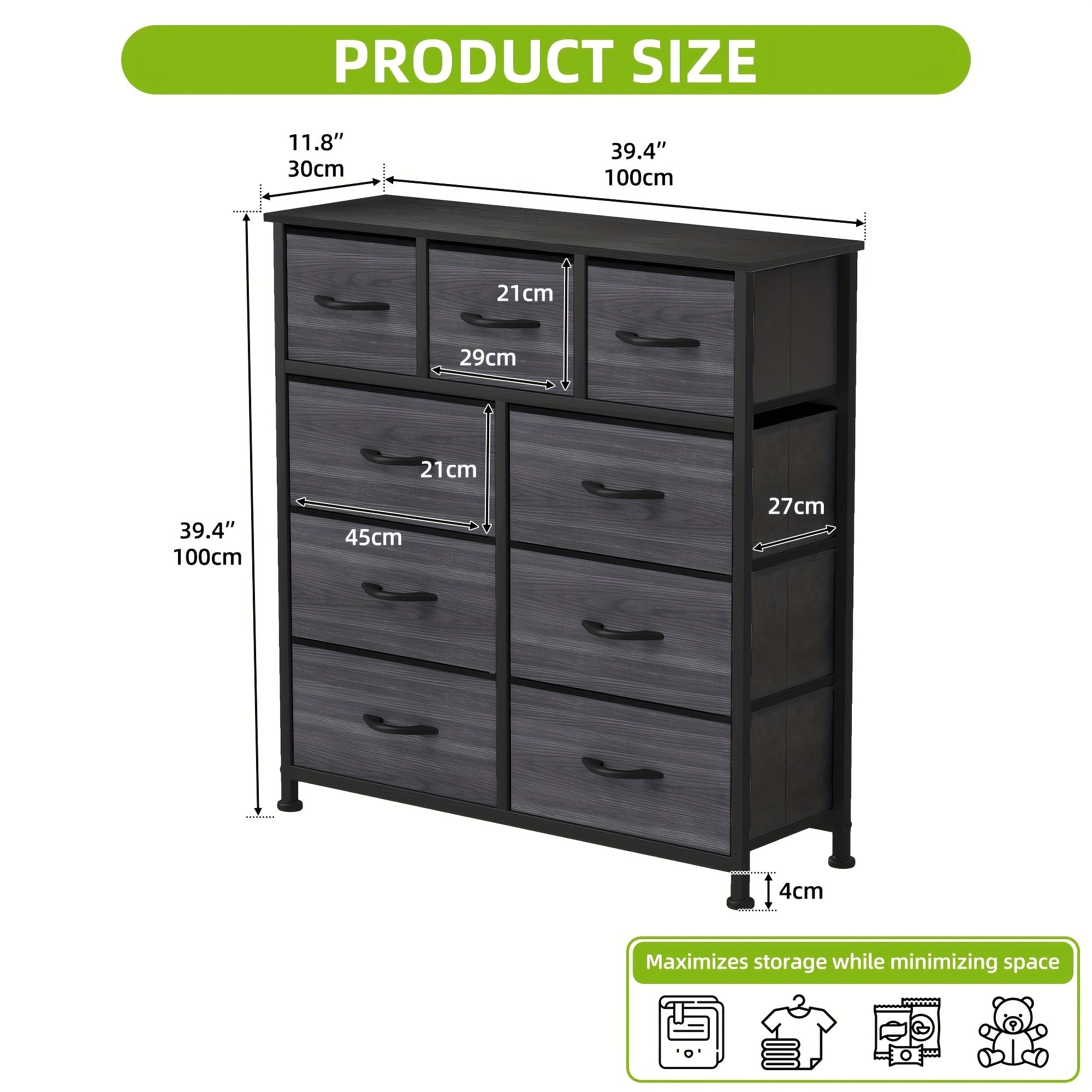 Chest of Drawers with Metal, 9 Drawers, Drawer Fabric Storage Unit Steel Frame - Black Wood Grain, 9 Drawers option