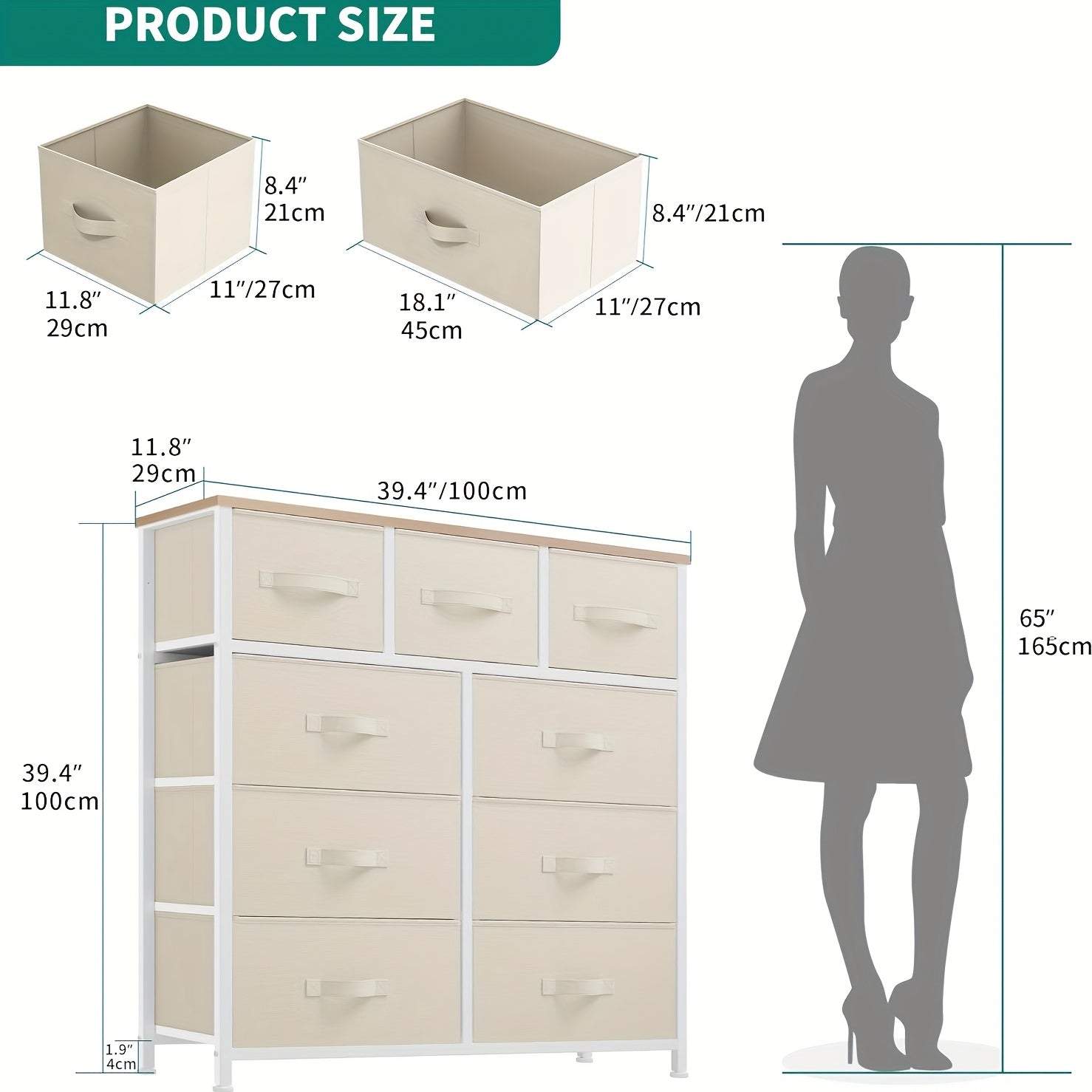 Chest of Drawers with Metal, 9 Drawers, Drawer Fabric Storage Unit Steel Frame - Cream White, 9 Drawers option