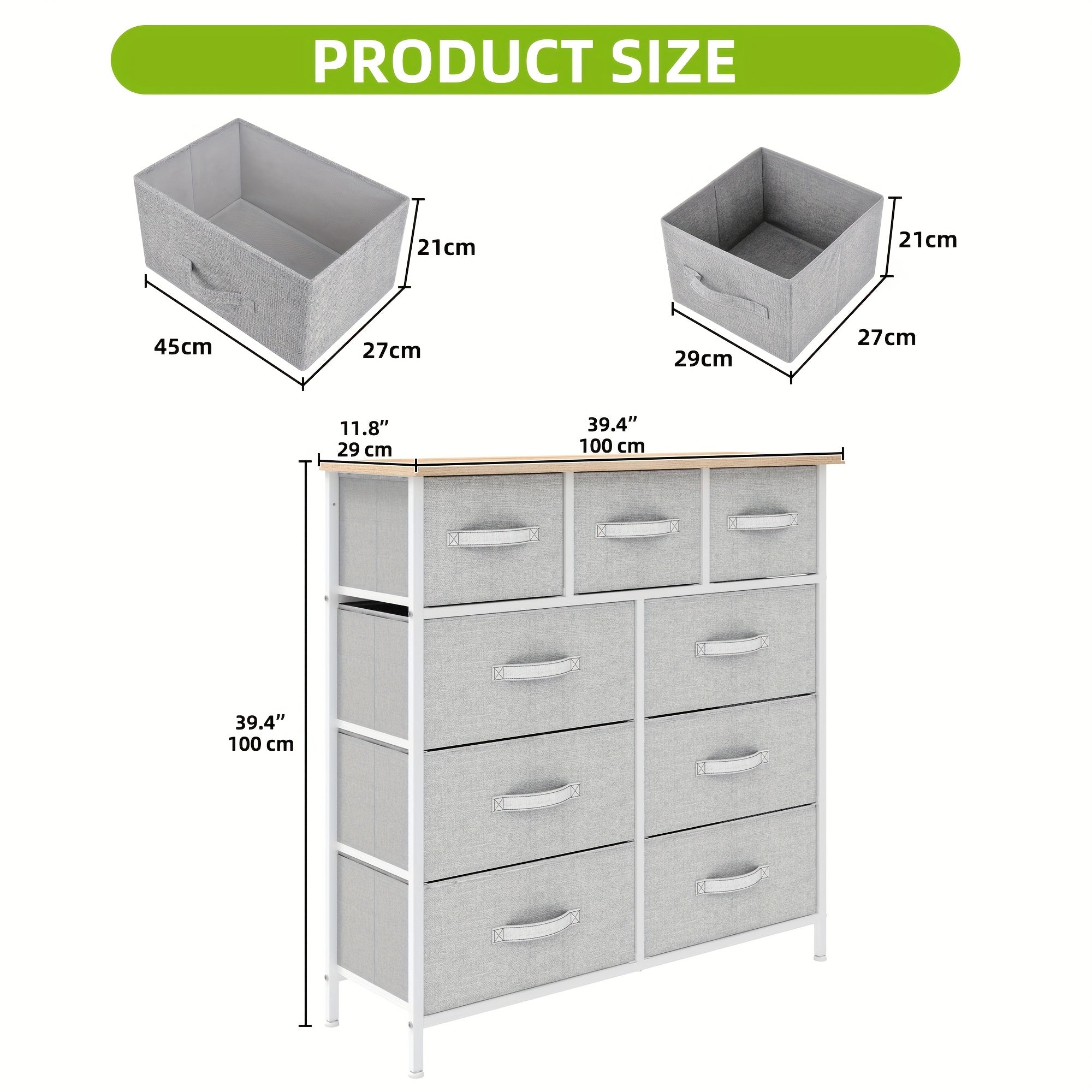 Chest of Drawers with Metal, 9 Drawers, Drawer Fabric Storage Unit Steel Frame - Light Grey, 9 Drawers option