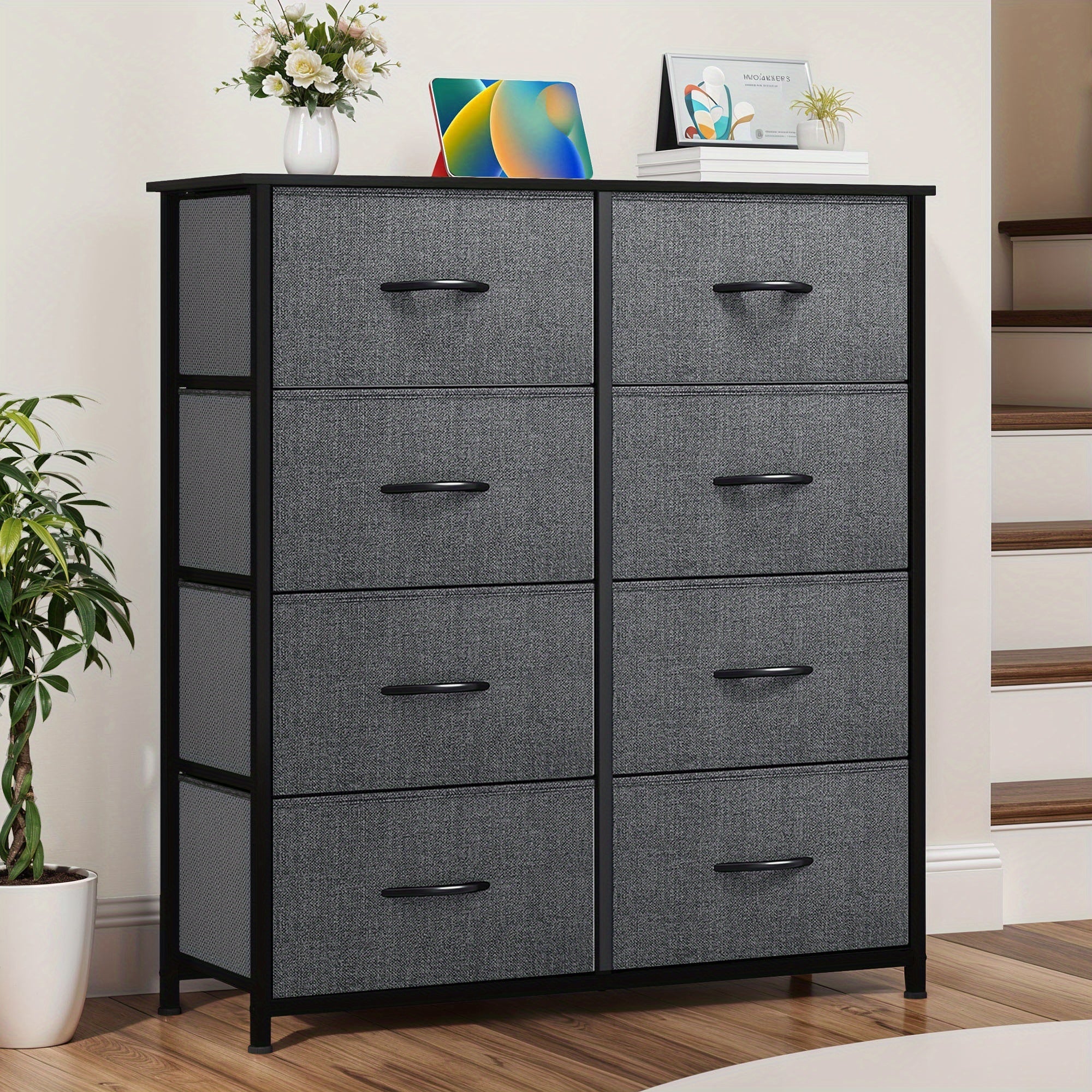 Chest of Drawers with Wood, 8-Drawer Fabric Dresser Solid Wood Top - Black Gray option