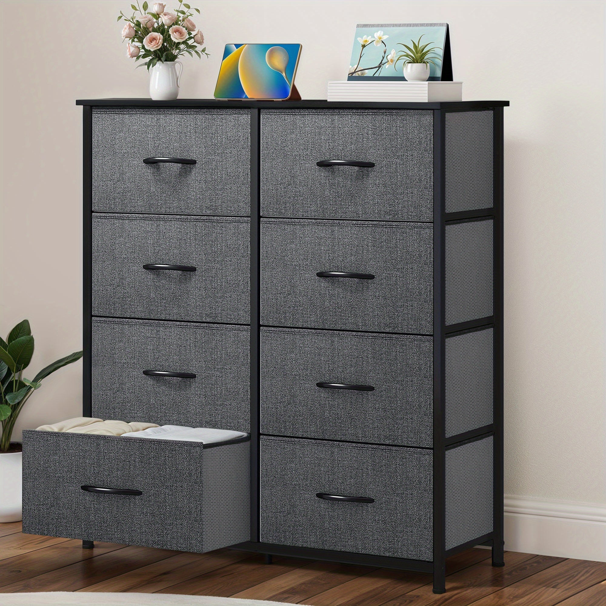 Chest of Drawers with Wood, 8-Drawer Fabric Dresser Solid Wood Top - product gallery image 2