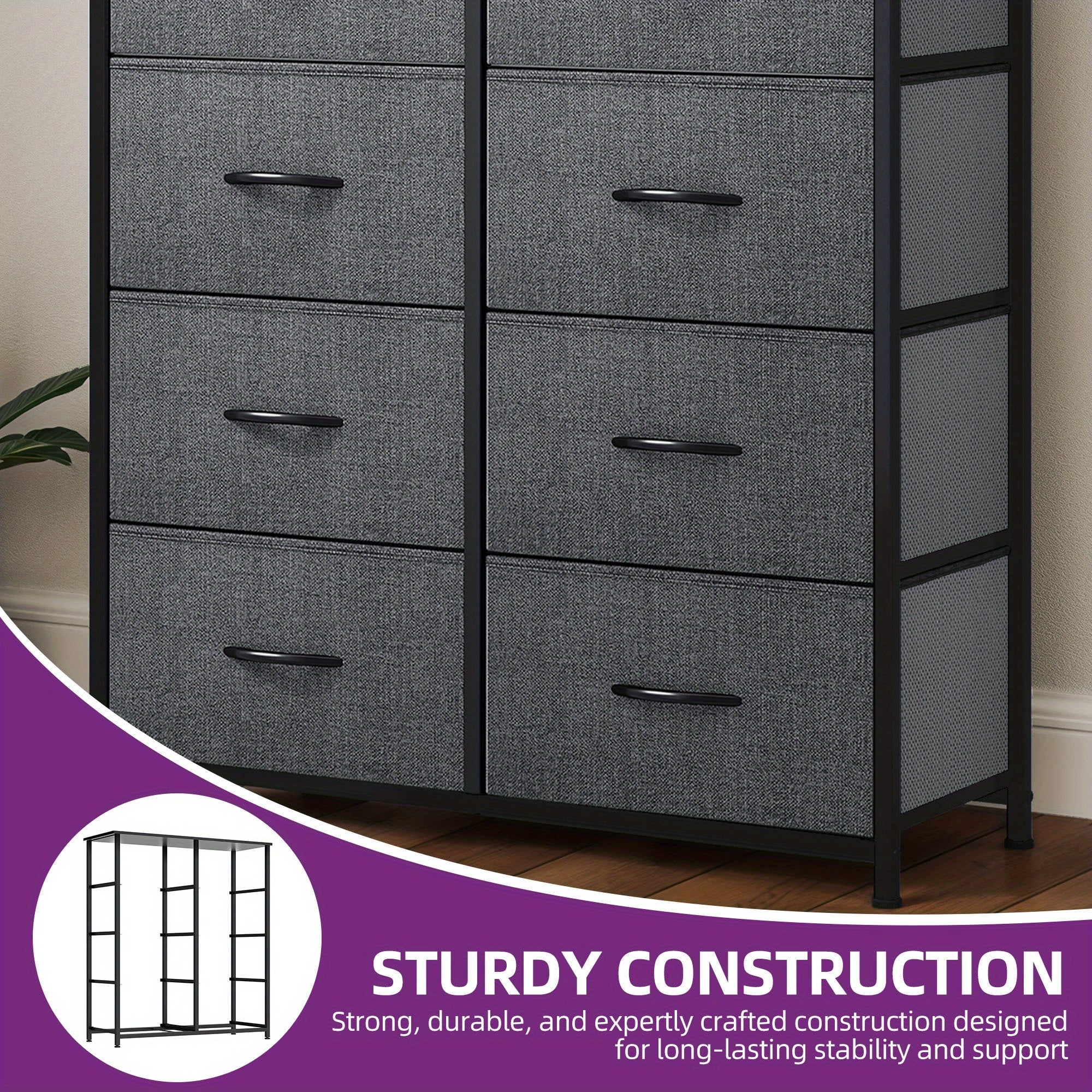 Chest of Drawers with Wood, 8-Drawer Fabric Dresser Solid Wood Top - product gallery image 6