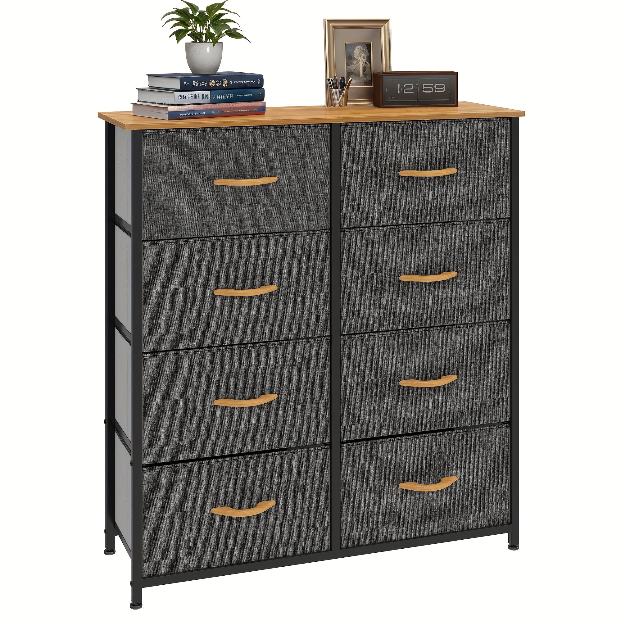 Chest of Drawers with Wood, 8-Drawer Fabric Dresser Solid Wood Top - Wood Color option