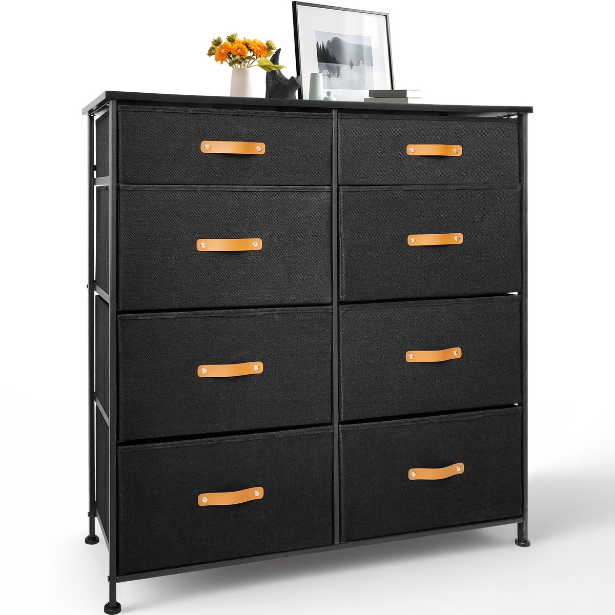 Chest of Drawers with Wood, 8-Drawer Fabric Wood Top Tall Dresser - Black Grey option