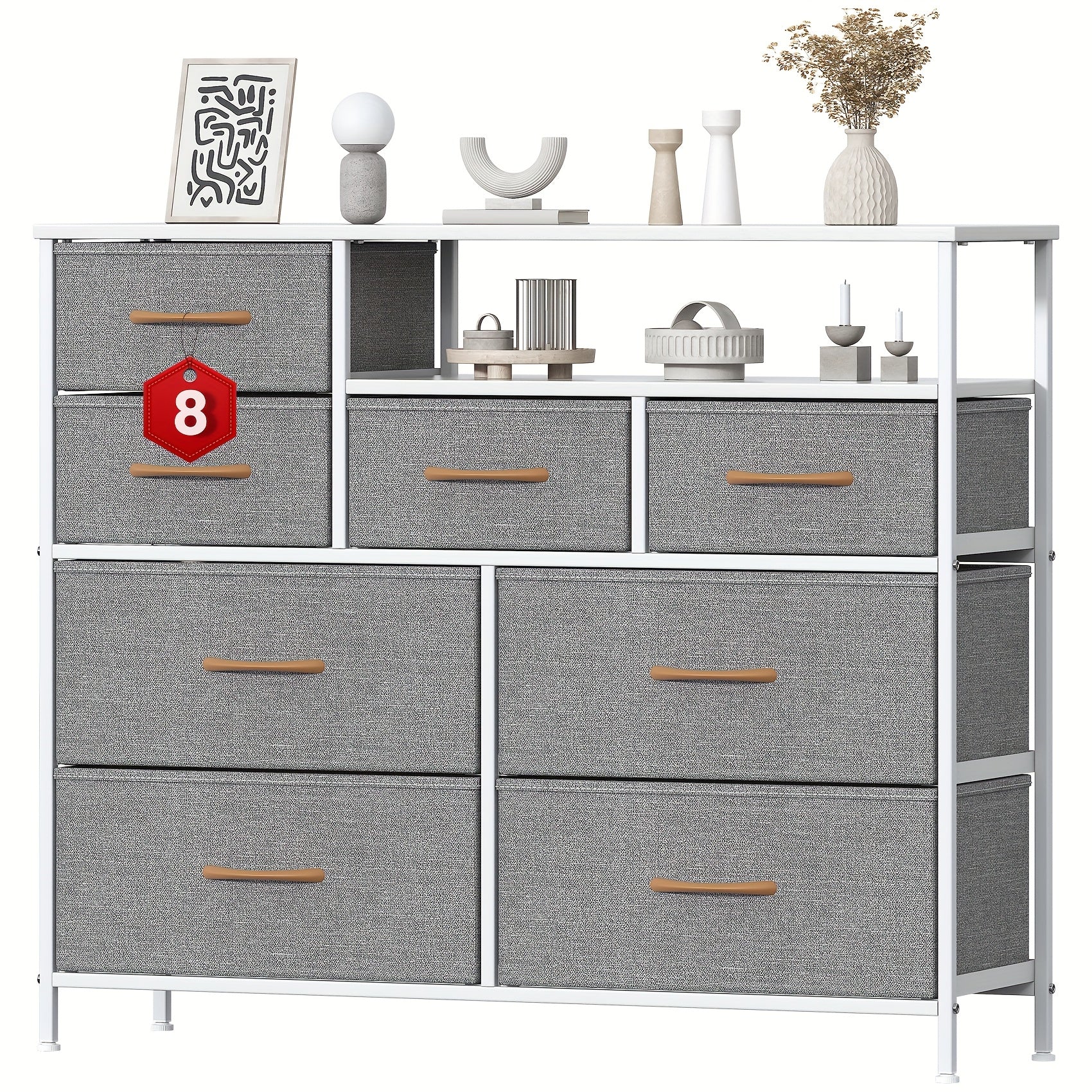 Chest of Drawers with Wood, Drawer Fabric Fronts Wooden Top Large - Light Grey option