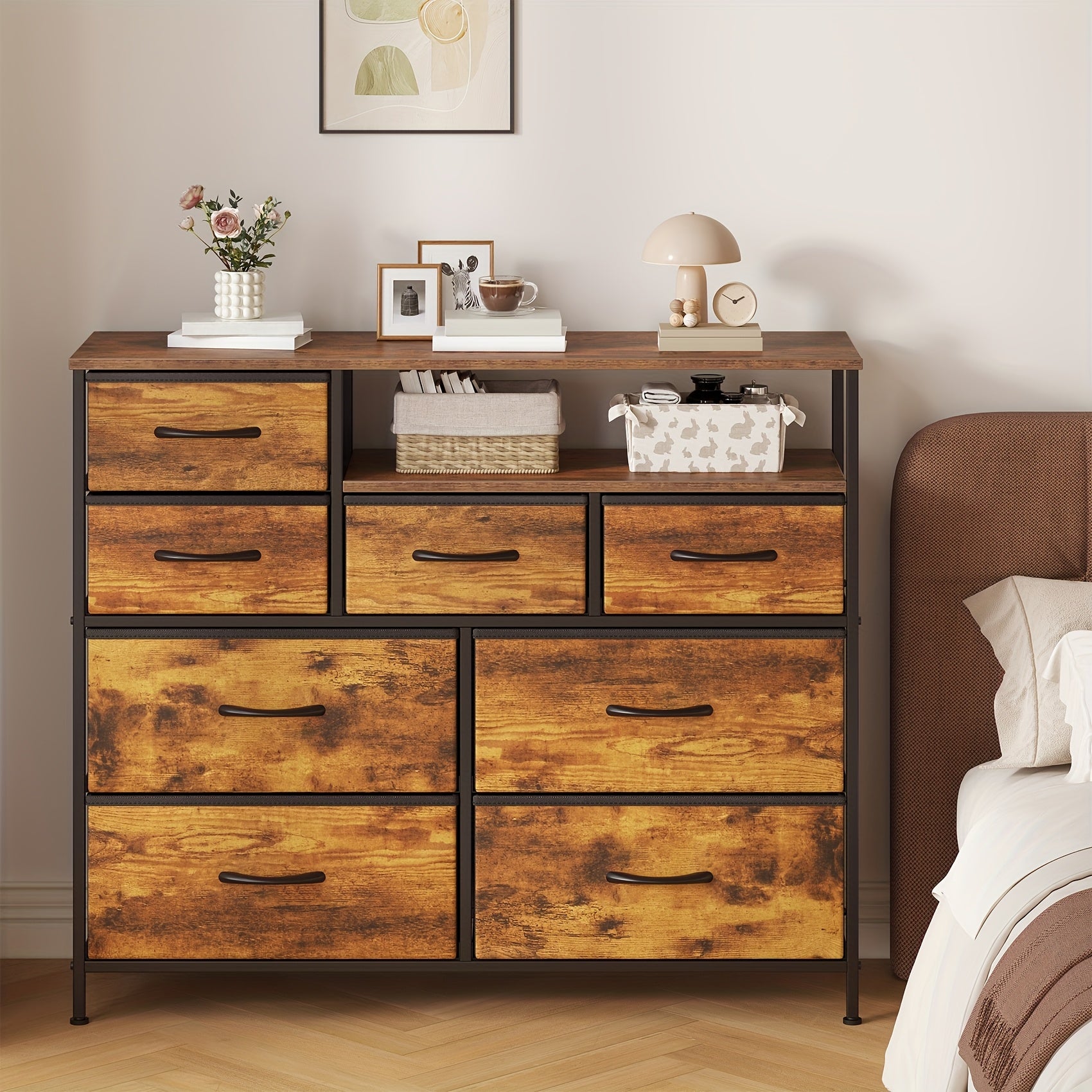 Chest of Drawers with Wood, Drawer Fabric Fronts Wooden Top Large