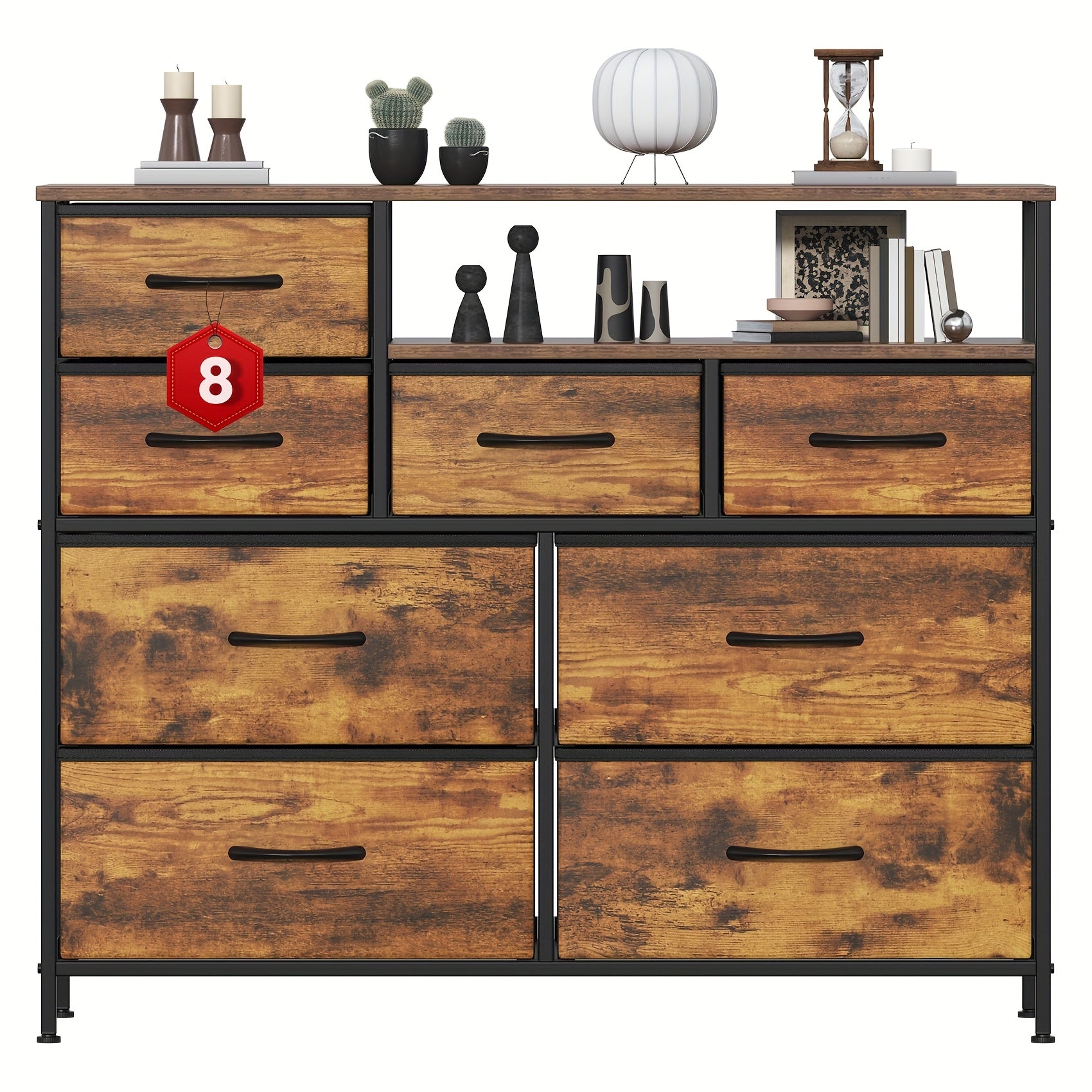 Chest of Drawers with Wood, Drawer Fabric Fronts Wooden Top Large - Rustic Brown option