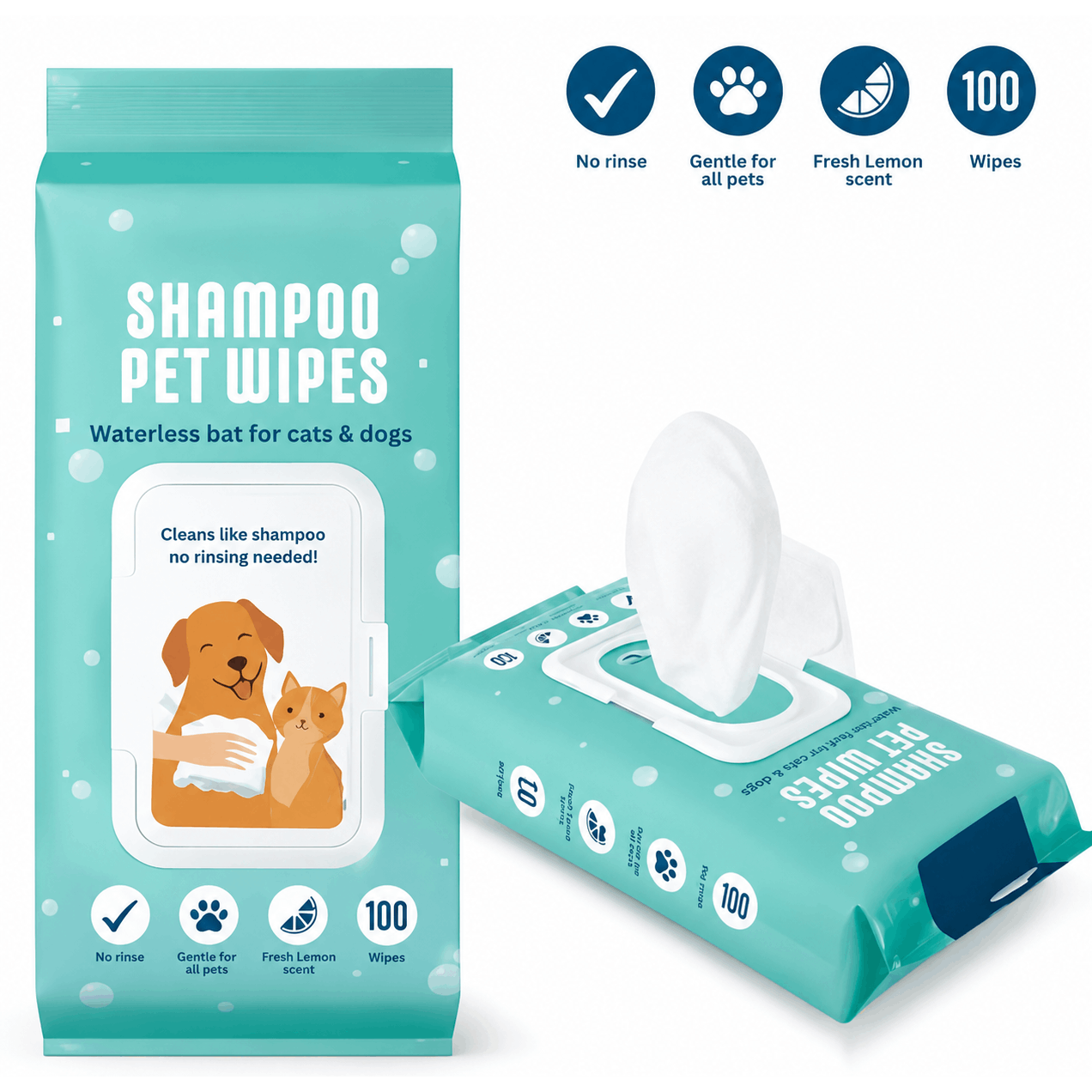 Cleaning Wipes with 40 Pack, Pet Grooming No-Rinse Deodorising Shampoo Dogs - 100 Pcs option