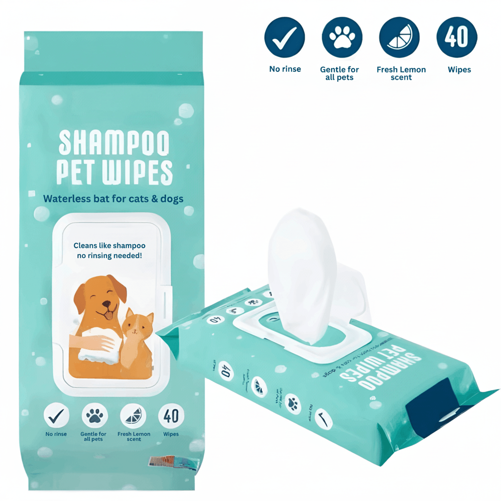 Cleaning Wipes with 40 Pack, Pet Grooming No-Rinse Deodorising Shampoo Dogs
