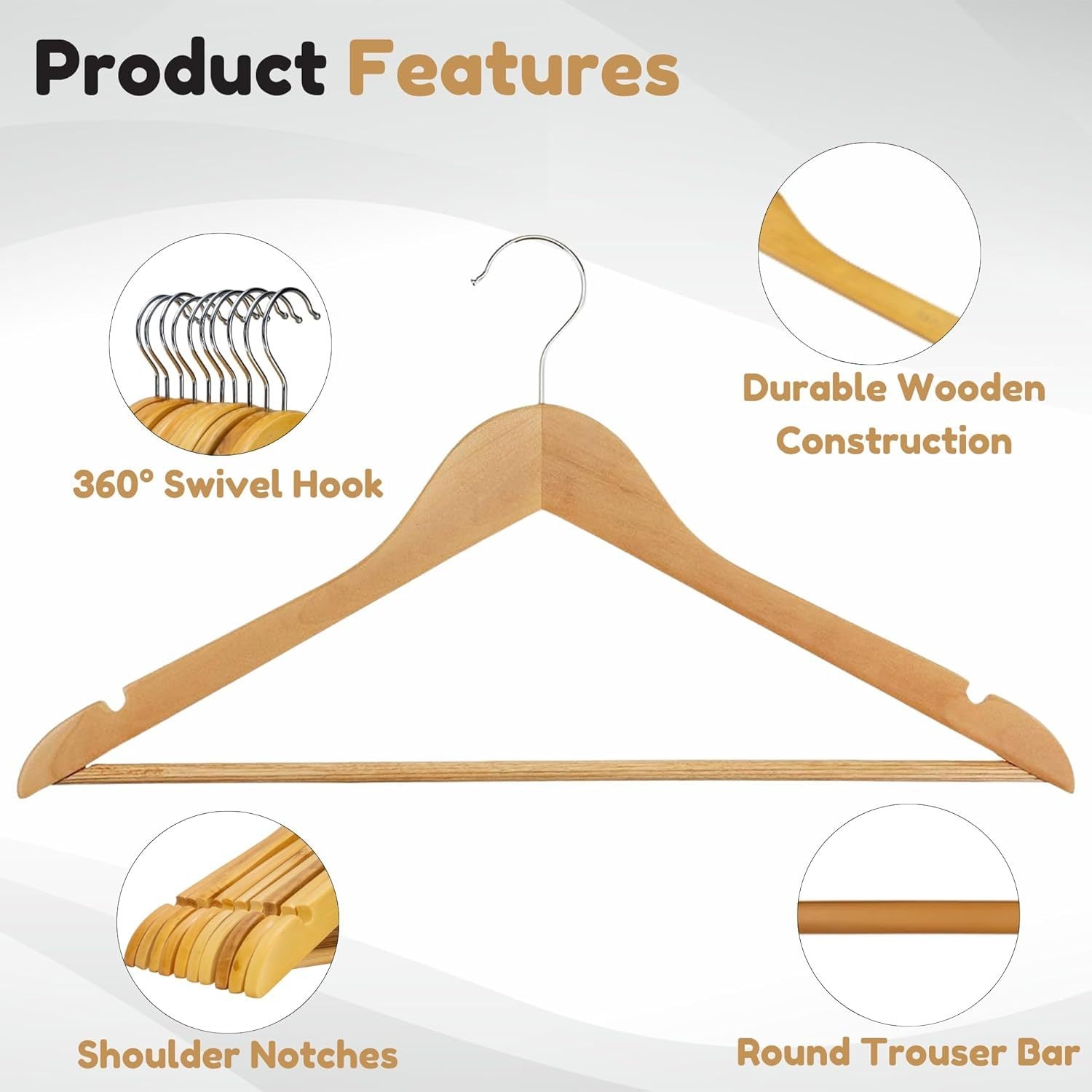 Clothes Hangers with Non-Slip, Metal, 20 Pack, Wooden Coat Trouser Bar Shoulder Notches - product gallery image 4