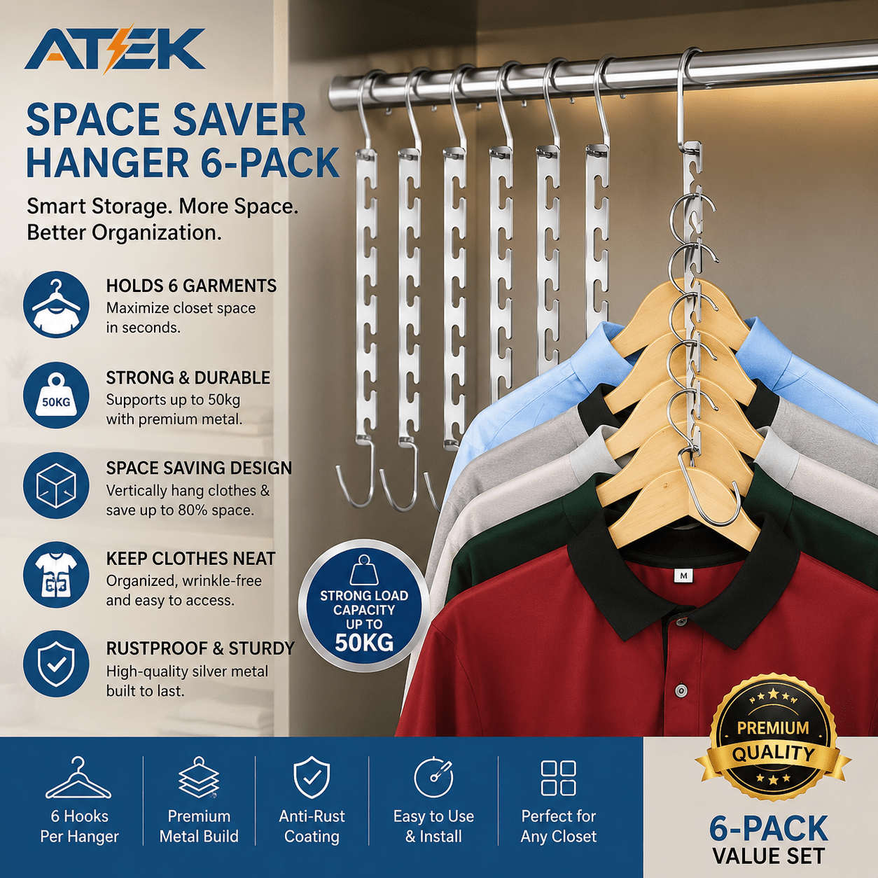 Clothes Hangers with Space-Saving, 50kg, Metal, 6 Pack of 6
