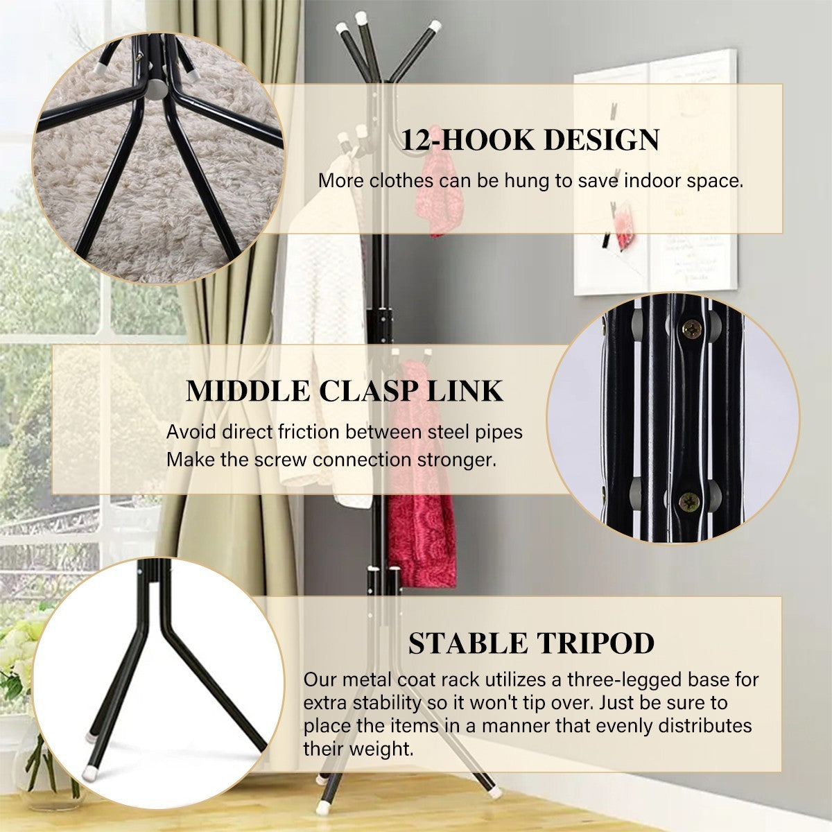 Coat Rack with Easy Assembly, Water-Resistant, Metal - product gallery image 3
