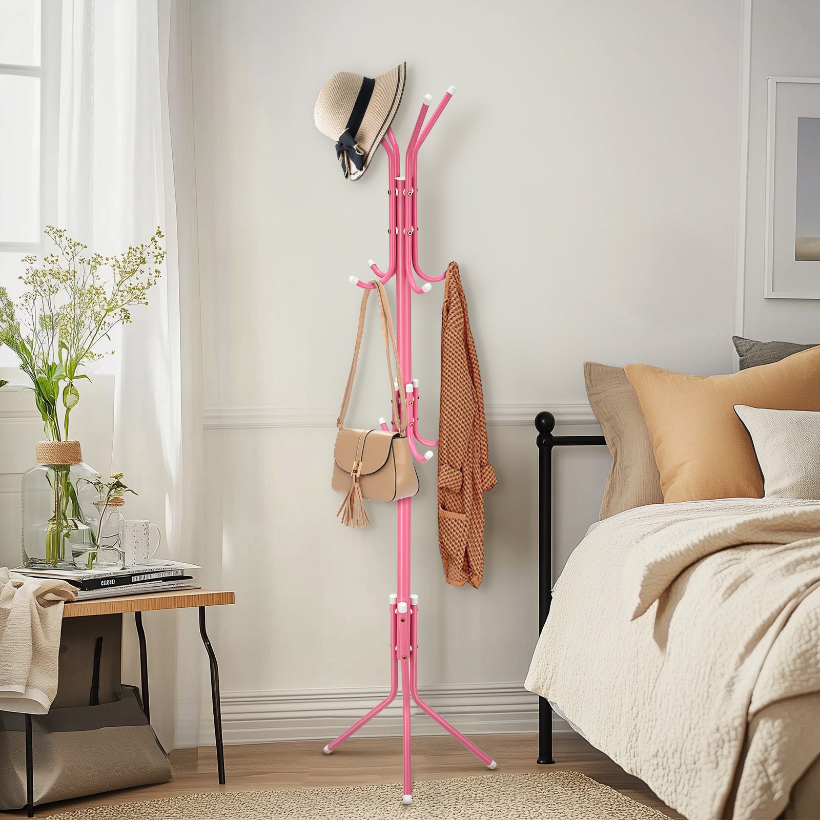 Coat Rack with Space-Saving, Freestanding, 175cm, Metal - Pink option