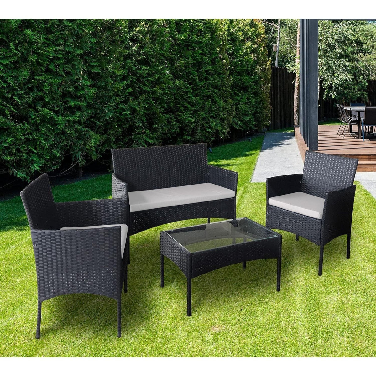 Coffee Table with 4 Piece, Rattan Garden Furniture Piece Armchairs