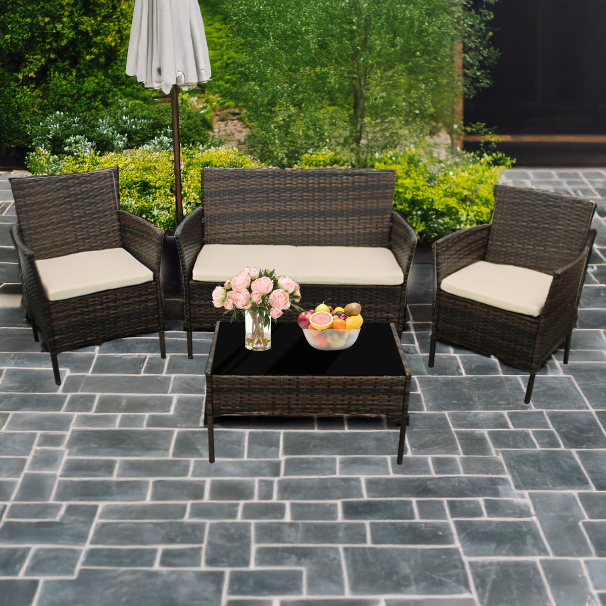 Coffee Table with 4 Piece Rattan Garden Furniture Sofa Armchairs - product gallery image 3