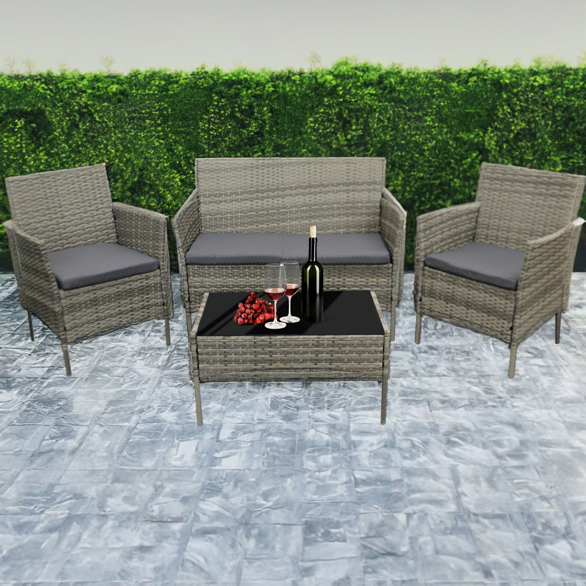 Coffee Table with 4 Piece Rattan Garden Furniture Sofa Armchairs - Mixer Grey + Dark Grey Cushion option