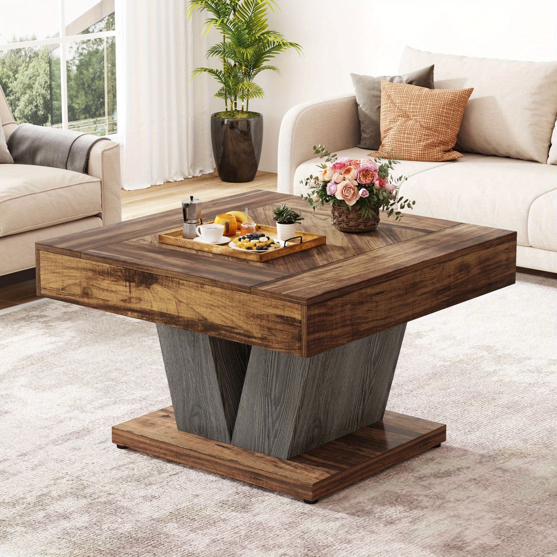 Coffee Table with 80cm, Square X-Frame Centre for living rooms and bedrooms - Rustic Brown & Black option
