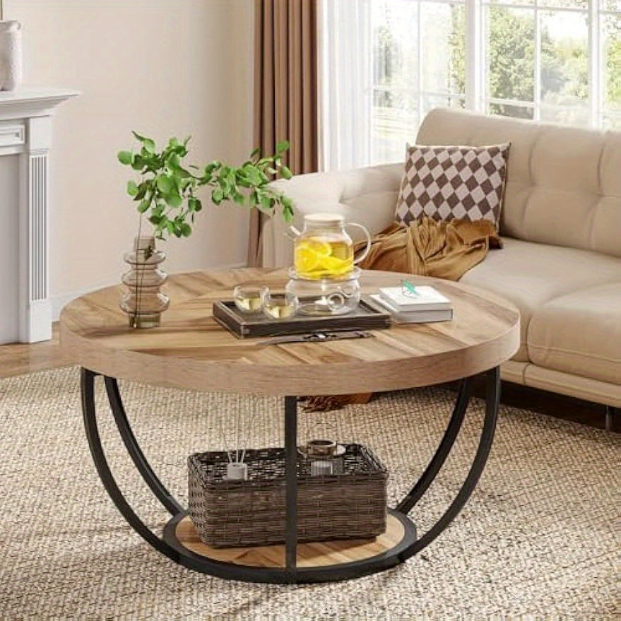 Coffee Table with Space-Saving, Easy Assembly, Waterproof, Metal - Grain and Black, Modern option