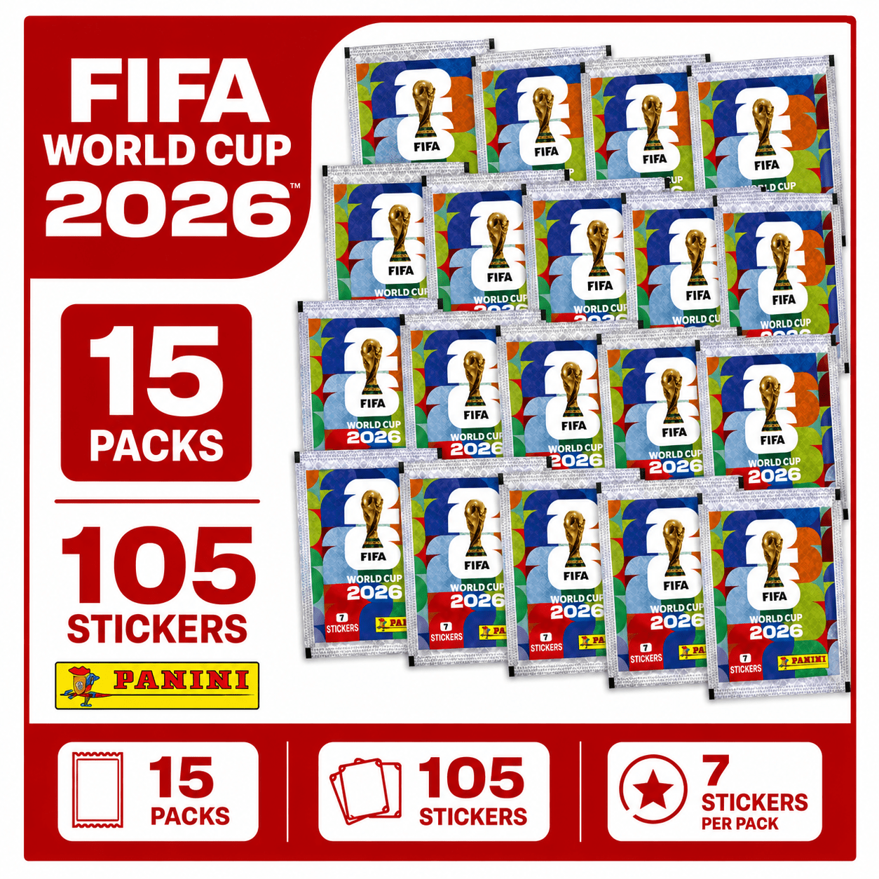 Collectible Sticker with 15 Pack, 105 Stickers, FIFA World Cup Panini Packs 15x - 15 Pack - 105 Stickers option