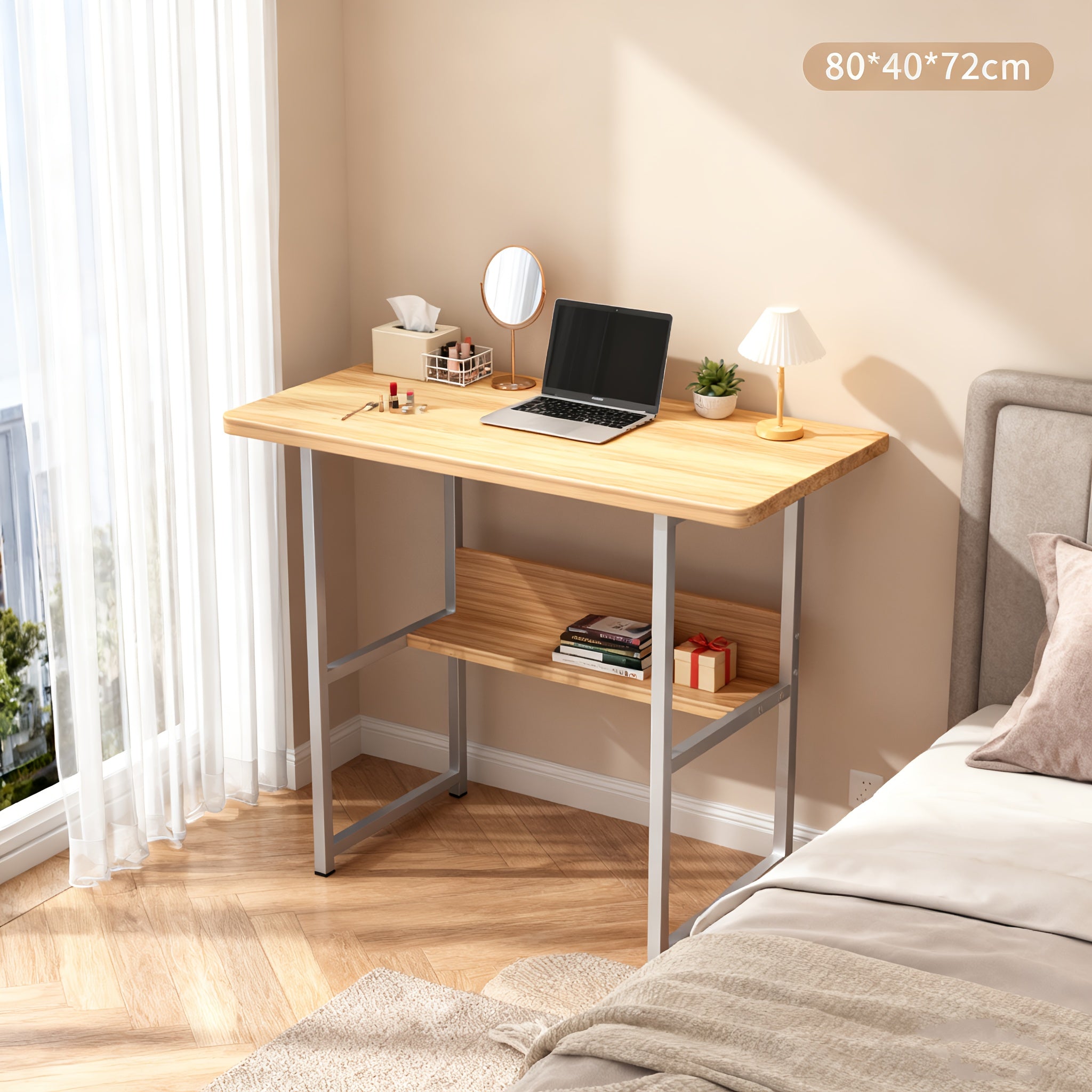 Computer Desk Laptop with Wood, Home Office Writing Table Book Shelf - Wood White, 'L style/80*40*72cm/ option