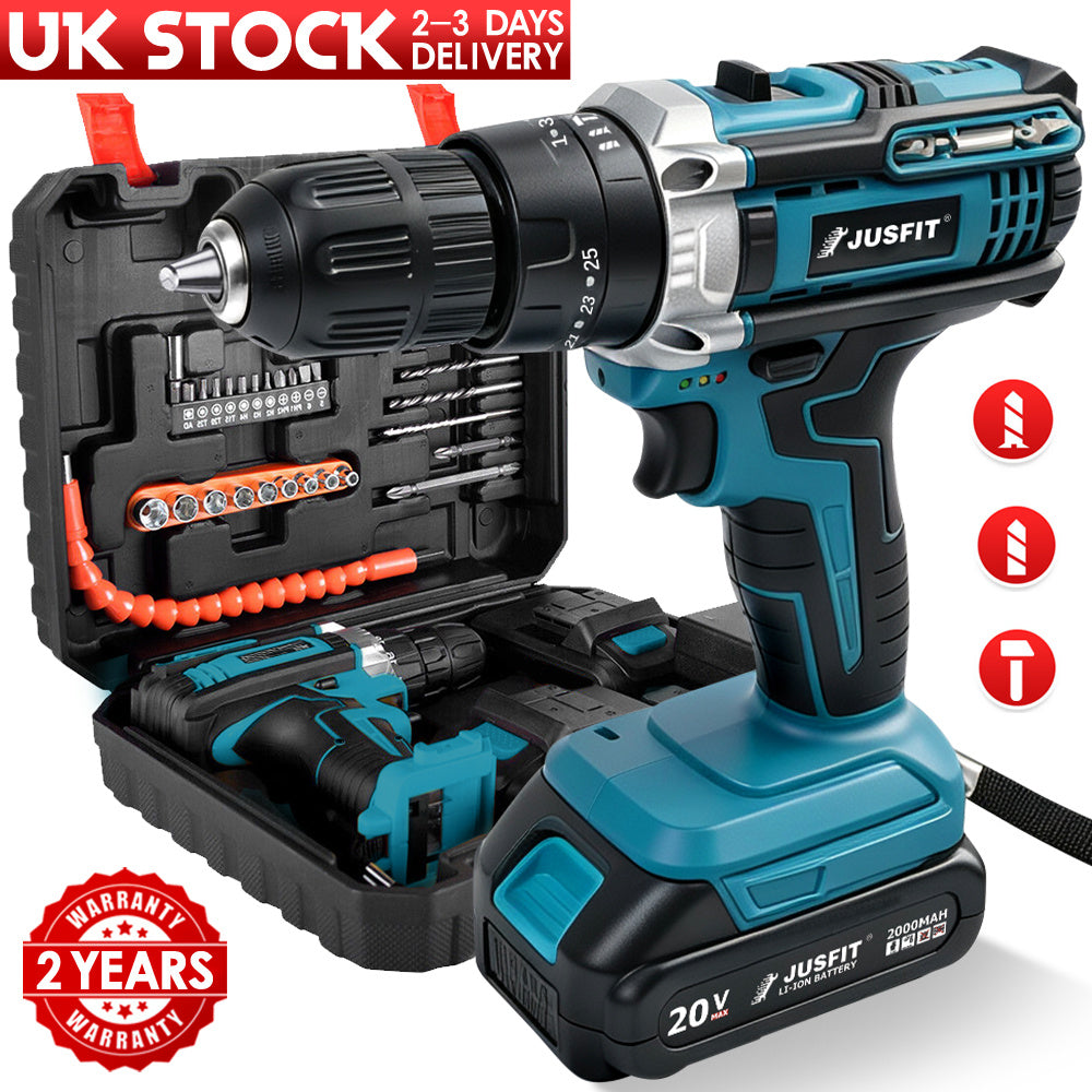 Cordless Drill with Non-Slip, Metal, Combi 3-in-1 Batteries 29-Piece Kit Hammer - Blue option