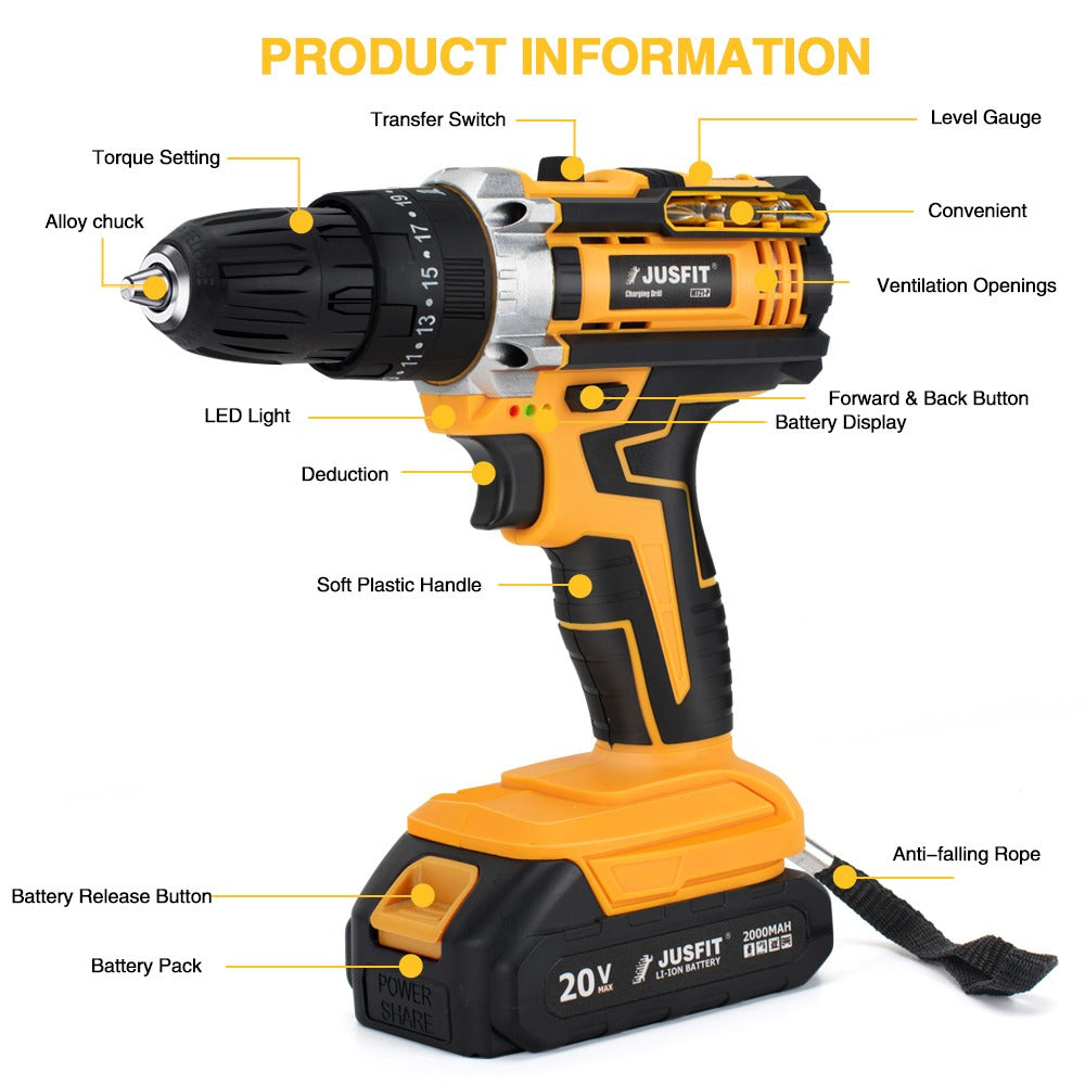Cordless Drill with Non-Slip, Metal, Combi 3-in-1 Batteries 29-Piece Kit Hammer - product gallery image 6