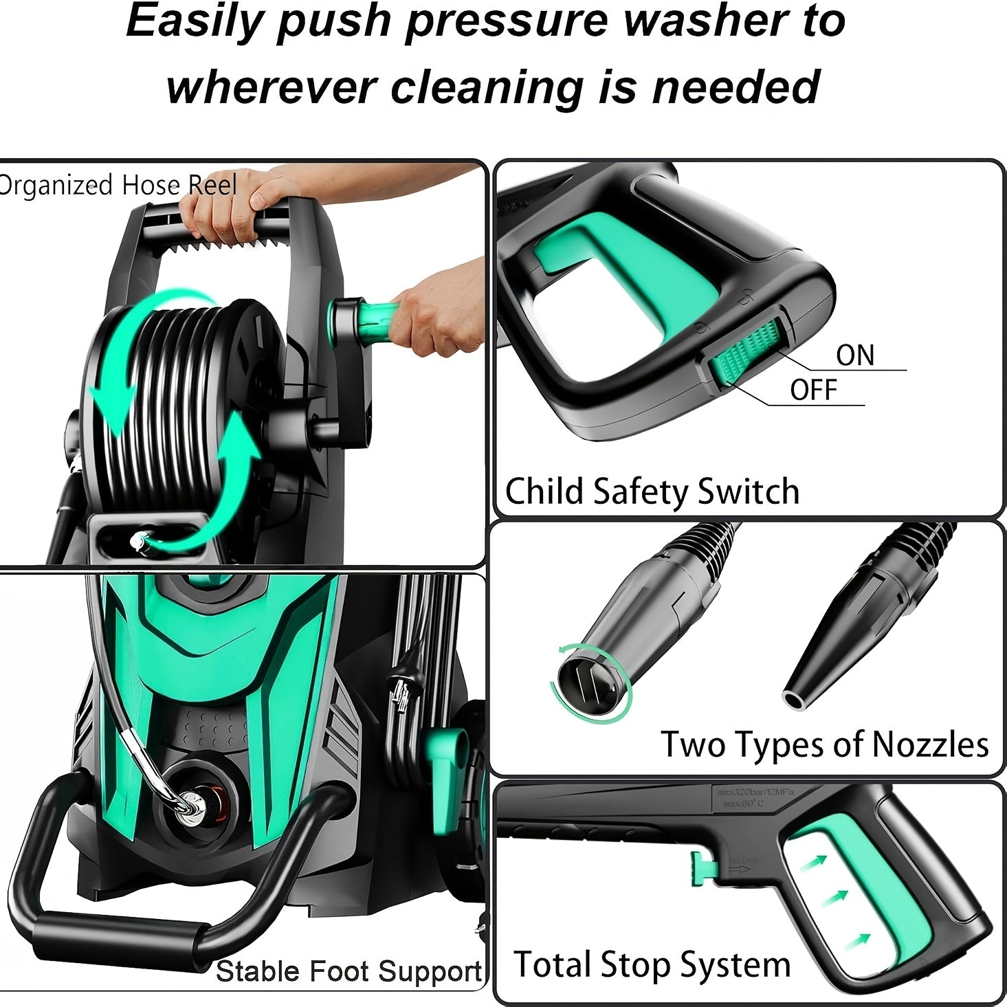 Cordless Pressure Washer with Hose Reel Foam Cannon Adjustable Nozzle - product gallery image 7